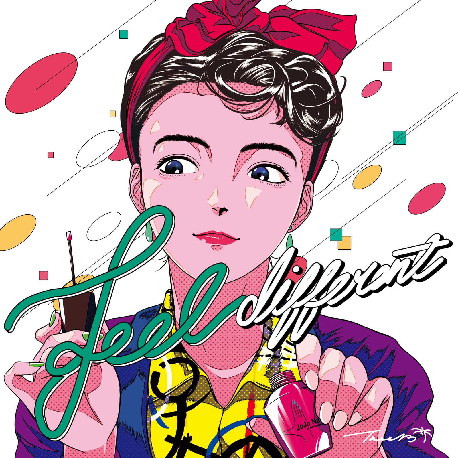 Feel different — JOJO Nail at Sannomiya の公式イラスト。ピンクのリボンヘアバンドをつけ、ネイル筆を構える女性のポートレート。背景にネオンカラーの幾何学パターン、横切るように手書き script で『Feel different』。